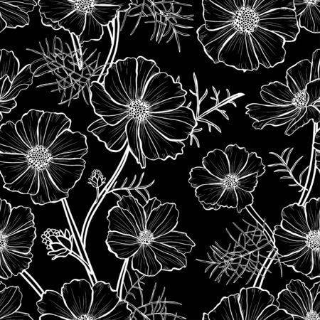 Elegant seamless pattern with cosmos flowers, design elements. Floral  pattern for invitations, cards, print, gift wrap, manufacturing, textile, fabric, wallpapersのイラスト素材