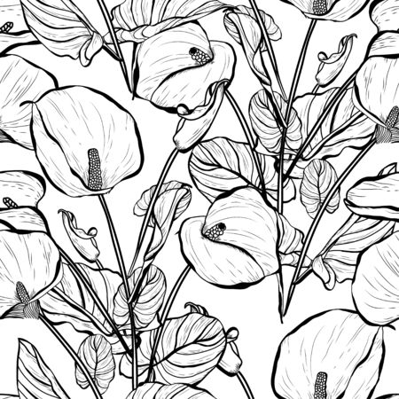 Elegant seamless pattern with calla flowers, design elements. Floral  pattern for invitations, cards, print, gift wrap, manufacturing, textile, fabric, wallpapersのイラスト素材