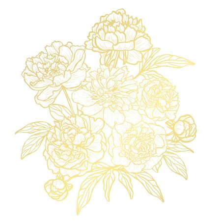 Decorative abstract golden peony flowers, design elements. Can be used for cards, invitations, banners, posters, print design. Golden floral  background in line art styleのイラスト素材