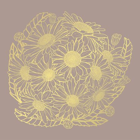 Decorative abstract golden chamomile flowers, design elements. Can be used for cards, invitations, banners, posters, print design. Golden floral  background in line art styleのイラスト素材