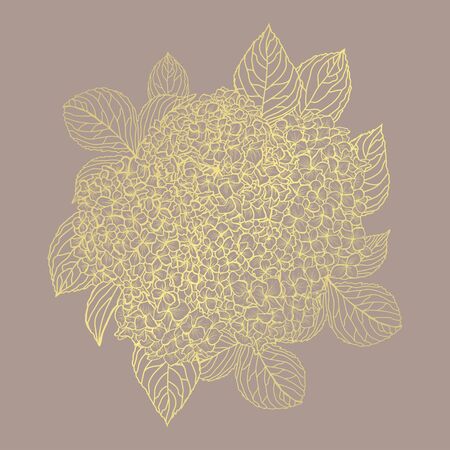 Decorative abstract golden hydrangea flowers, design elements. Can be used for cards, invitations, banners, posters, print design. Golden floral  background in line art styleのイラスト素材