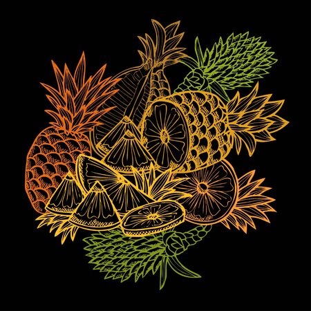 Hand drawn decorative pineapple fruits, design elements. Can be used for cards, invitations, scrapbooking, print, manufacturing. Food, kitchen themeのイラスト素材