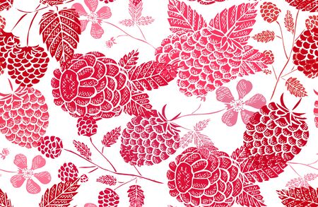 Elegant seamless pattern with raspberry fruits, design elements. Fruit  pattern for invitations,...