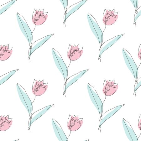 Elegant continuous line seamless pattern with tulip flowers, design elements. Floral  pattern for invitations, cards, print, gift wrap, manufacturing, textile, fabric, wallpapersのイラスト素材
