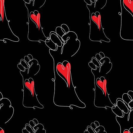 Black lives matter. Seamless pattern with protesting hands, design element.Can be used for banners, cards, print, gift wrap, manufacturing, textile, fabric, wallpapers. Continuous line art styleのイラスト素材