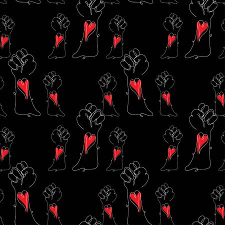 Black lives matter. Seamless pattern with protesting hands, design element.Can be used for banners, cards, print, gift wrap, manufacturing, textile, fabric, wallpapers. Continuous line art styleのイラスト素材