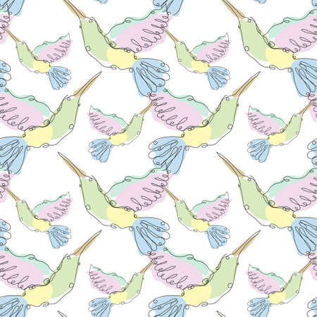 Elegant seamless pattern with colibri birds, design elements. Can be used for invitations, cards, print, gift wrap, manufacturing, textile, fabric, wallpapers. Continuous line art style. Bird themeのイラスト素材