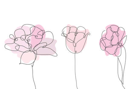 Decorative hand drawn tulips set, design elements. Can be used for cards, invitations, banners, posters, print design. Continuous line art styleのイラスト素材