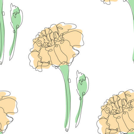 Elegant seamless pattern with marigold flowers, design elements. Floral  pattern for invitations, cards, print, gift wrap, manufacturing, textile, fabric, wallpapers. Continuous line art styleのイラスト素材