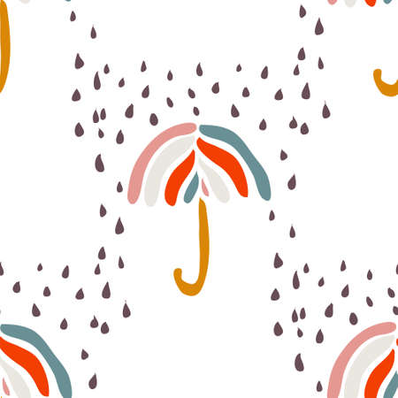 Abstract seamless pattern with umbrellas under the rain, design elements. Mid century modern art pattern for invitations, cards, print, gift wrap, manufacturing, textile, fabric, wallpapers, stationeryのイラスト素材