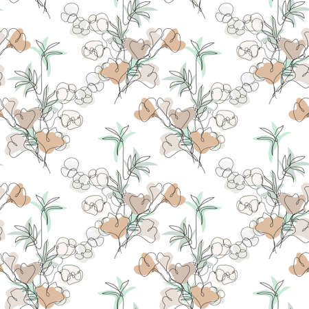 Elegant seamless pattern with gingko, cotton and bamboo, design elements. Floral  pattern for invitations, cards, print, gift wrap, manufacturing, textile, fabric, wallpapers. Continuous line art styleのイラスト素材