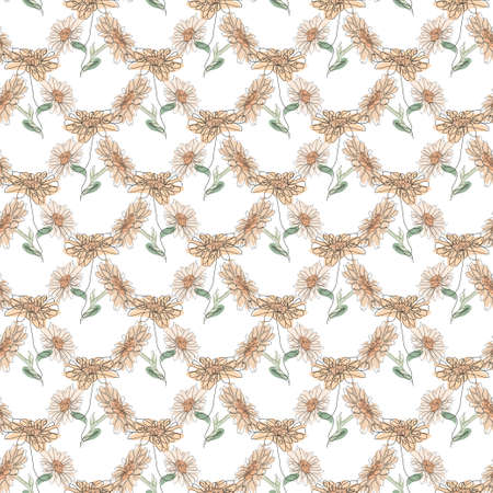 Elegant seamless pattern with chamomile flowers, design elements.  Continuous line art style