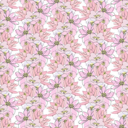 Elegant seamless pattern with lotus, jasmine, anemone, design elements.  Continuous line art styleのイラスト素材