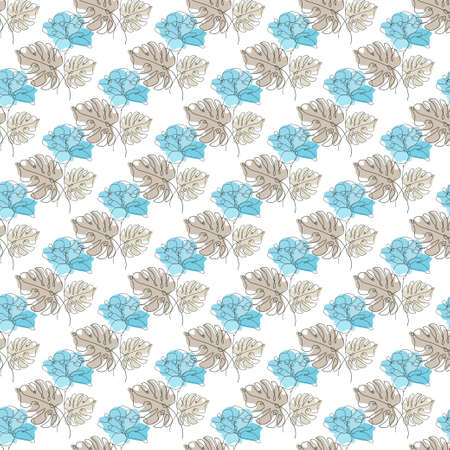 Elegant seamless pattern with rose and monstera, design elements. Continuous line art style