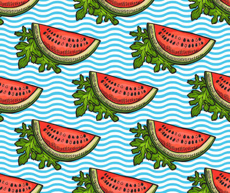 Elegant seamless pattern with watermelons, design elements. Fruit  pattern for invitations, cards, print, gift wrap, manufacturing, textile, fabric, wallpapers. Food, kitchen, vegetarian themeのイラスト素材