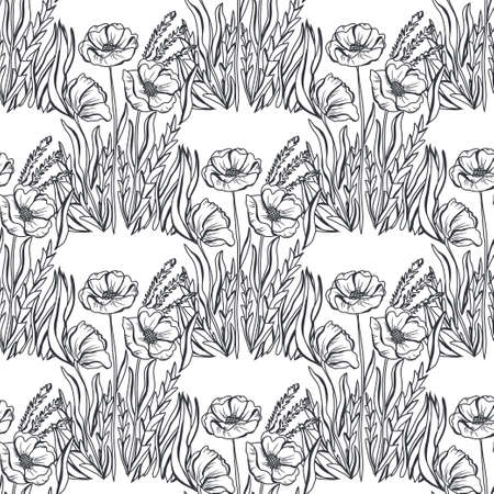 Elegant seamless pattern with poppy flowers, design elements. Floral  pattern for invitations, cards, print, gift wrap, manufacturing, textile, fabric, wallpapers. Line artのイラスト素材