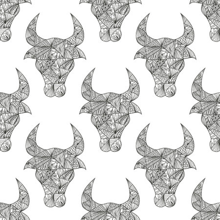 Elegant seamless pattern with Ox zodiac symbols of Chinese New Year, design element. Can be used for invitations, cards, print, gift wrap, manufacturing, textile, fabric, wallpapers. 2021 zodiac themeのイラスト素材