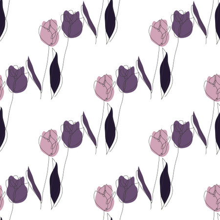 Elegant seamless pattern with tulip flowers, design elements. Floral  pattern for invitations, cards, print, gift wrap, manufacturing, textile, fabric, wallpapers. Continuous line art styleのイラスト素材