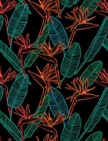 Elegant seamless pattern with strelitzia flowers, design elements. Floral  pattern for invitations, cards, print, gift wrap, manufacturing, textile, fabric, wallpapersのイラスト素材