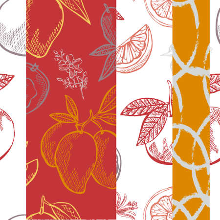 Elegant seamless pattern with grapefruit and mango fruits, design elements.  Food, kitchen, vegetarian themeのイラスト素材