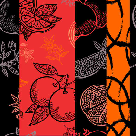 Elegant seamless pattern with pomegranates and oranges, design elements.  Food, kitchen, vegetarian themeのイラスト素材