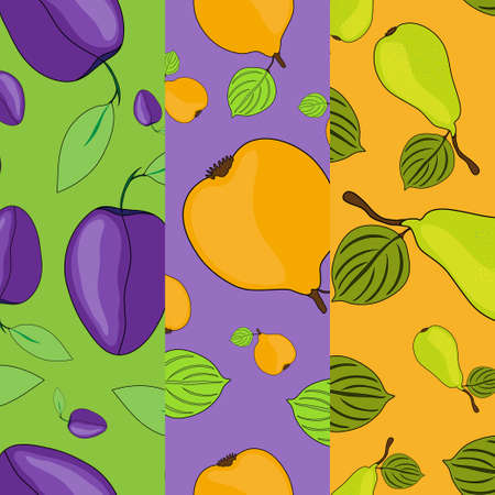 Elegant seamless pattern with plum, quince and pear, design elements. Fruit  pattern for cards, print, gift wrap, manufacturing, textile, fabric, wallpapers. Food, kitchen, vegetarian themeのイラスト素材