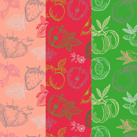 Elegant seamless pattern with strawberry, apple and peach, design elements. Fruit  pattern for cards, print, gift wrap, manufacturing, textile, fabric, wallpapers. Food, kitchen, vegetarian themeのイラスト素材