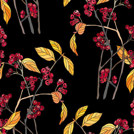 Elegant seamless pattern with chokeberry, design elements. Red berry pattern for invitations, cards, print, gift wrap, manufacturing, textile, fabric, wallpapersのイラスト素材