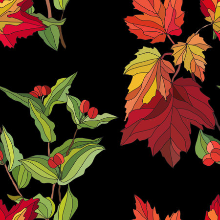 Elegant seamless pattern with autumn leaves and berries, design elements. Autumn pattern for invitations, cards, print, gift wrap, manufacturing, textile, fabric, wallpapersのイラスト素材