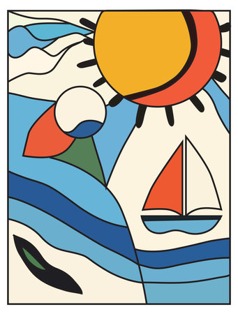 Summer poster with sun, yacht and sea, vacation background, banner, greeting card, template. Summer holiday conceptのイラスト素材