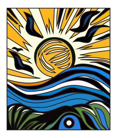 Summer poster with sun, birds and sea, vacation background, banner, greeting card, template. Summer holiday conceptのイラスト素材