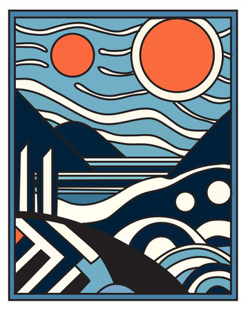Summer poster with sun, sea and mountains, vacation background, banner, greeting card, template. Summer holiday conceptのイラスト素材