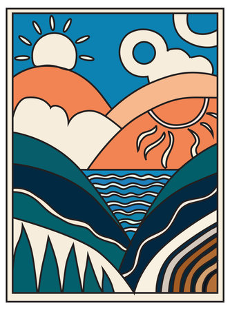 Summer poster with sunm sea and mountains, vacation background, banner, greeting card, template. Summer holiday conceptのイラスト素材