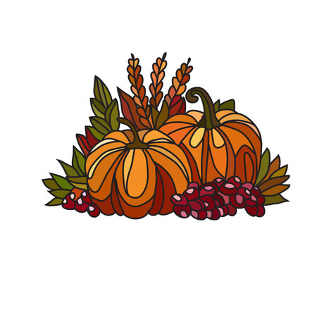 Halloween pumpkins with berries, design element. Can be used for cards, invitations, banners, posters, print design, seasonal holidays background. Autumn themeのイラスト素材