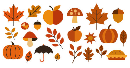 Hand drawn autumn symbols design elements set in Bauhaus style. Can be used for cards, invitations, banners, posters, print design, seasonal holidays background. Autumn themeのイラスト素材