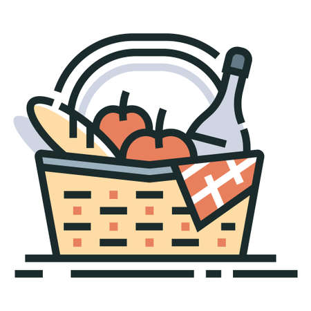 Picnic basket with bread apple and wine Line Color Icon Design Vector Illustrationのイラスト素材