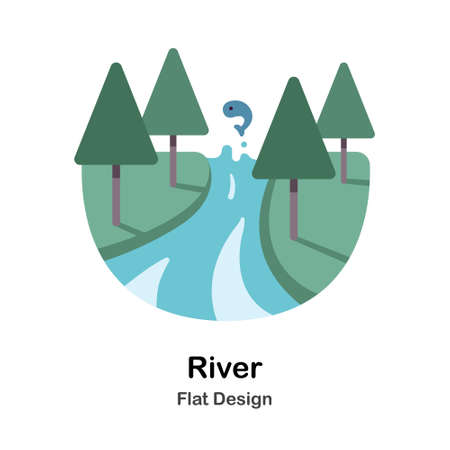 River and jumping fish In Flat Color Design Vector Illustrationのイラスト素材