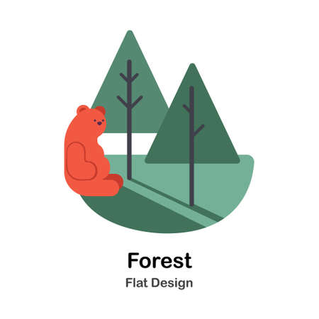 Forest with bear In Flat Color Design Vector Illustrationのイラスト素材