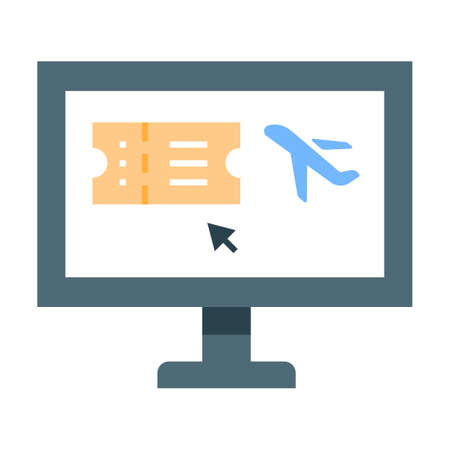 ticket and plane on computer screen vector illustration in flat color designのイラスト素材