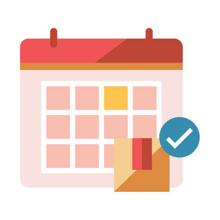 Calendar with package box and check mark icon vector illustration in flat color designのイラスト素材