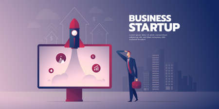 Business man with monitor and rocket vector illustration with text layoutのイラスト素材