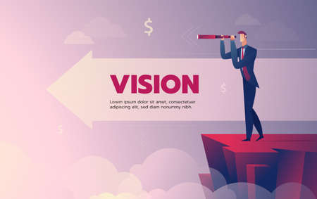 Business man with telescope standing on the cliff vector illustration with text layoutのイラスト素材
