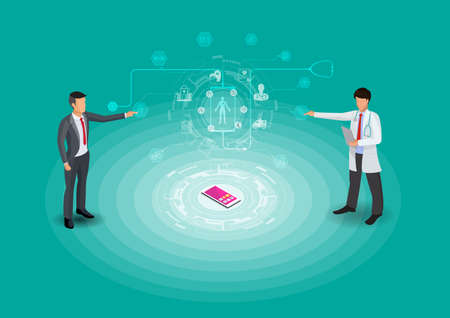Digital health medical isometric infographics with various modern devices and procedures of medical care isolated on green background vector illustration.のイラスト素材