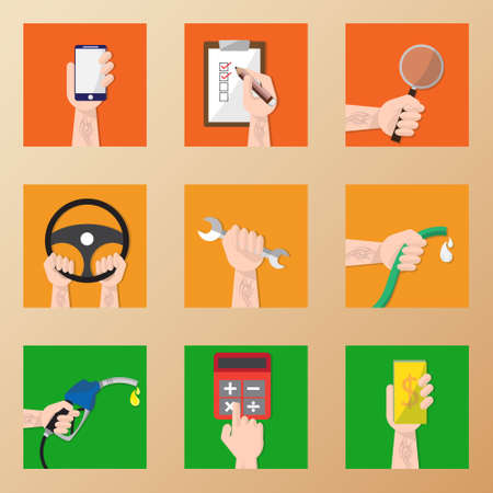 Hands with business car service icons set, Flat Design Vector illustrationのイラスト素材