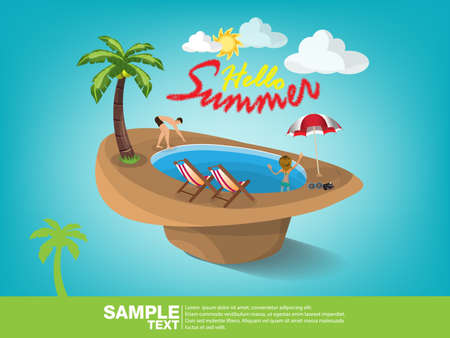 Summer beach vector banner design. Summer 3d text in the sand with colorful elements like person,coconut,umbrella,sunglasses,camera and beach chair in hat. Vector illustration.のイラスト素材