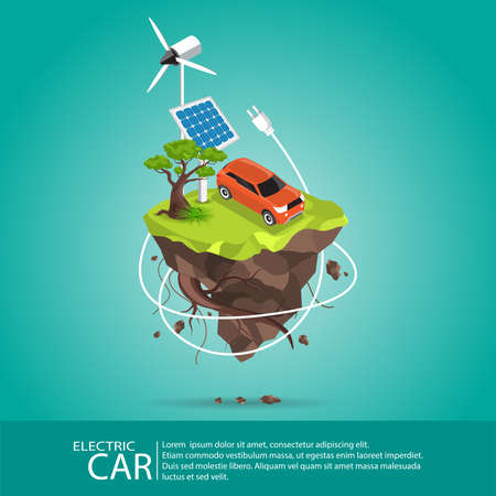 Isometric Electric cars charging at the charger station in front of the solar panels and wind turbines.Eco green city theme.のイラスト素材