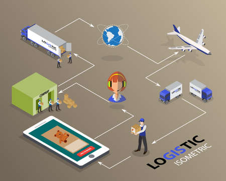 Global logistics network Flat 3d isometric vector illustration Set shipping On-time deliveryのイラスト素材