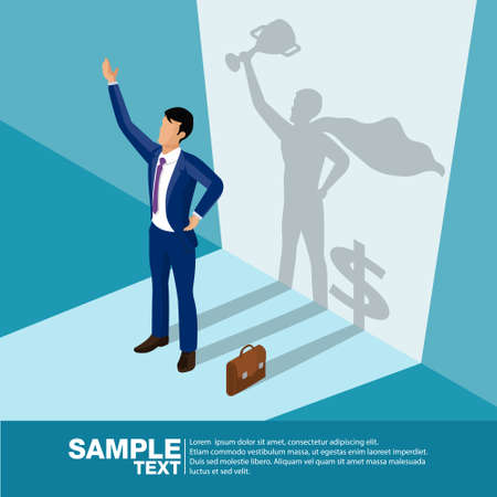 Isometric the Winner. Concept businessman his shadow is superhero and dollar symbol. Business vector illustration.のイラスト素材