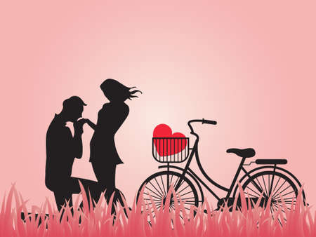 Concept of valentine day , two enamored beside the bicycle with pink background,paper art and craft style.のイラスト素材