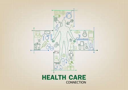 Healthcare integrated thin line anatomy symbols and plus logo. Modern linear style vector concept, with connected flat design icons. Abstract illustration for medical, health, care, medicine, network and global concepts.のイラスト素材